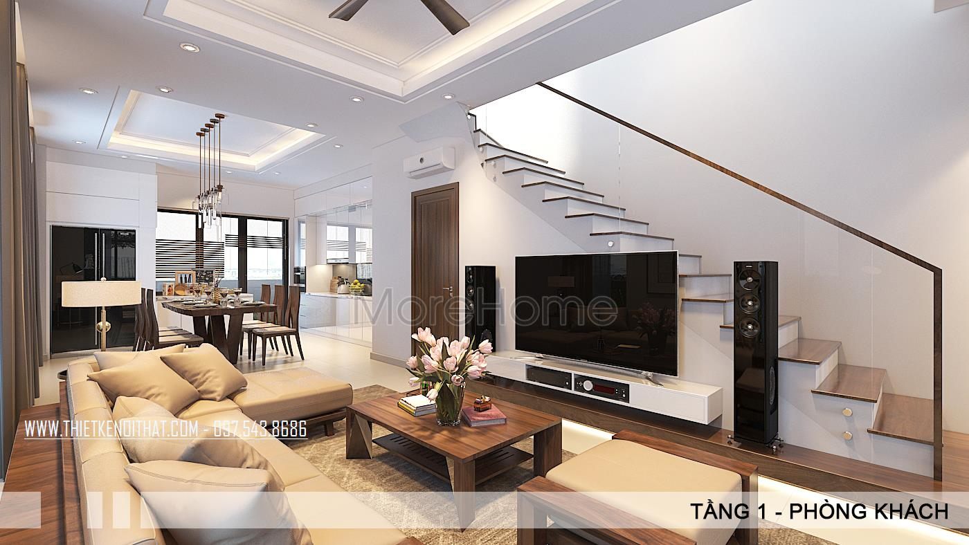 Cầu thang gỗ trong mẫu thiết kế biệt thự VinHome Thăng Long